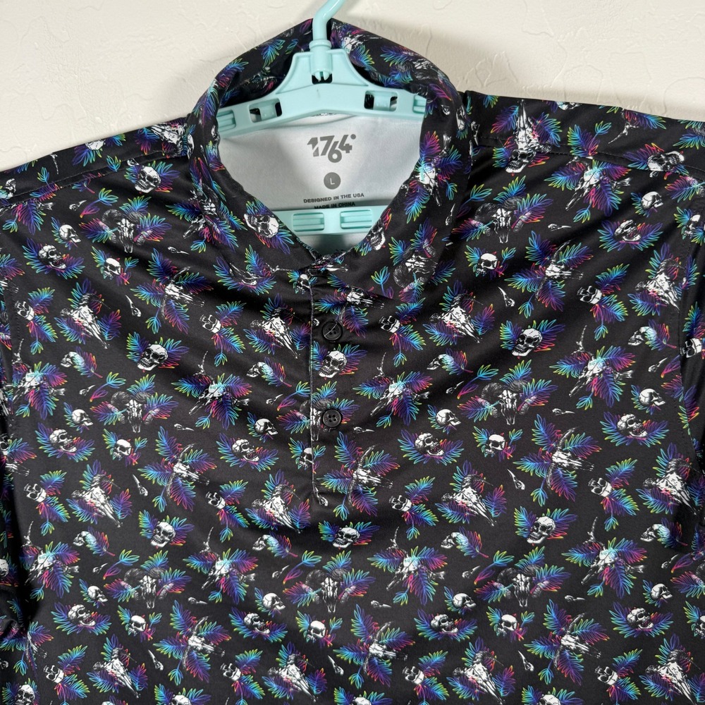 1764 Polo Shirt Mens Large Black Rainbow Skull Palm Leaf Golf Performance